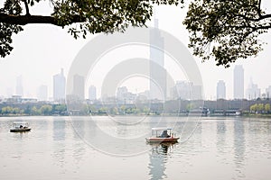 Romantic scene of a lake with boats