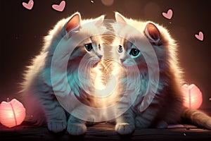 Romantic scene Two cute kittens are surrounded by symbols of love