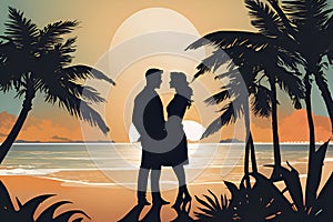 A romantic scene of a woman and a man, in a silhouette, at a whimsical sandy beach, with palm tree, plants, sunset, love scene