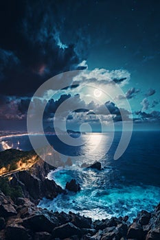 romantic and scenic panorama with full moon on sea to night