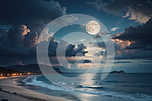 romantic and scenic panorama with full moon on sea to night