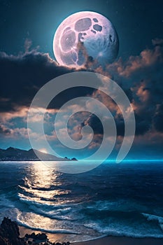 romantic and scenic panorama with full moon on sea to night