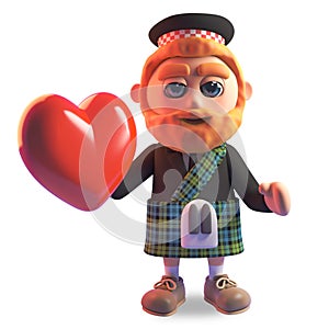 Romantic Scottish man in traditional kilt holding a lovely red heart, 3d illustration