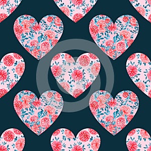 Romantic seamless background with hearts and watercolor roses. Bright cute pattern for postcard, wrapping paper, textiles, fashion