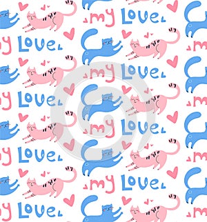 Romantic seamless with cats pattern. Vector print with animals for textiles, t-shirts, posters. Tender faces, mustache