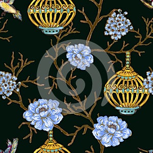 Romantic seamless pattern background with rose peonies daisy flowers birds and cages watercolor gouache illustration