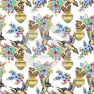 Romantic seamless pattern background with rose peonies daisy flowers birds and cages watercolor gouache illustration