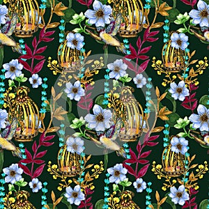 Romantic seamless pattern background with rose peonies daisy flowers birds and cages watercolor gouache illustration