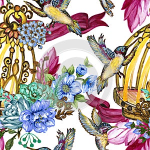 Romantic seamless pattern background with rose peonies daisy flowers birds and cages watercolor gouache illustration