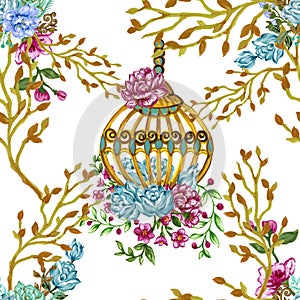 Romantic seamless pattern background with rose peonies daisy flowers birds and cages watercolor gouache illustration