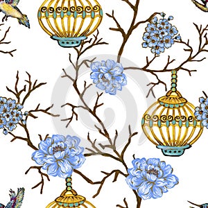 Romantic seamless pattern background with rose peonies daisy flowers birds and cages watercolor gouache illustration