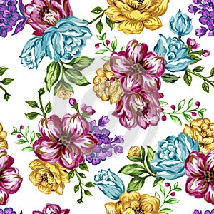 Romantic seamless pattern background with rose peonies daisy flowers birds and cages watercolor gouache illustration