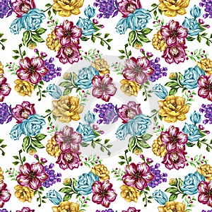 Romantic seamless pattern background with rose peonies daisy flowers birds and cages watercolor gouache illustration