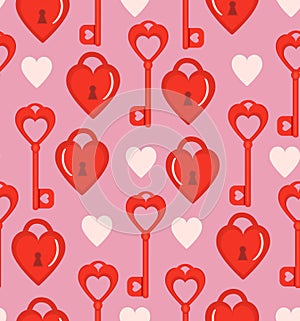 Romantic seamless pattern with bright red skeleton key and heart shaped lock on pink background. Retro vector design texture for