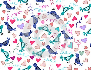 Romantic seamless pattern in cartoon style. Birds in love