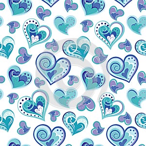 Romantic seamless pattern with colorful hand draw hearts. Blue hearts on white background. Vector illustration