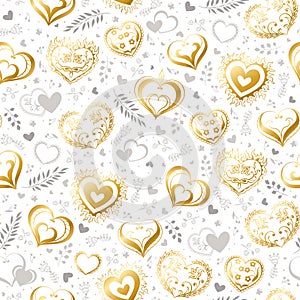 Romantic seamless pattern with cute hand drawn hearts with flowers and leaves. Pattern design for valentines day