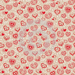 Romantic seamless pattern with cute hand drawn hearts with flowers and leaves. Pattern design for valentines day