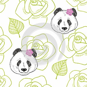 Romantic seamless pattern with cute panda girl.