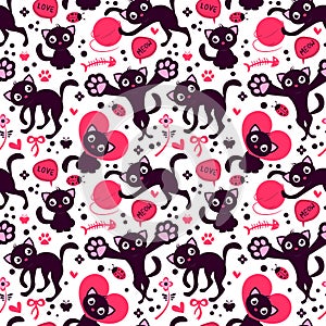 Romantic seamless pattern with cute playful kittens