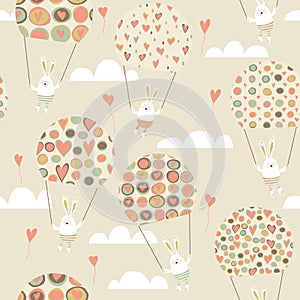 Romantic seamless pattern with cute rabbits