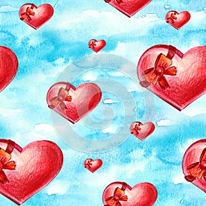 Romantic seamless pattern, hearts against the blue sky