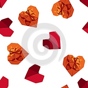 Romantic seamless pattern with origami paper hearts. Love background.