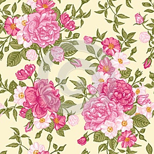 Romantic seamless pattern with pink roses on a light background.