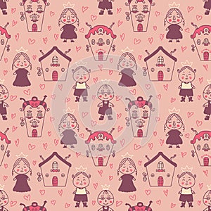 Romantic seamless pattern with princes, princesses and hearts. Perfect print for tee, paper, fabric, textile. Hand drawn