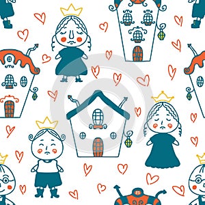 Romantic seamless pattern with princes, princesses and hearts. Perfect print for tee, paper, fabric, textile. Hand drawn vector