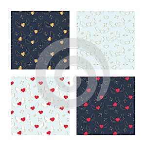 Romantic seamless patterns for Valentine`s Day. Hand drawn hearts with gold wings.
