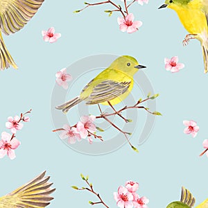 Romantic seamless texture with bird on flowering cherry branch.
