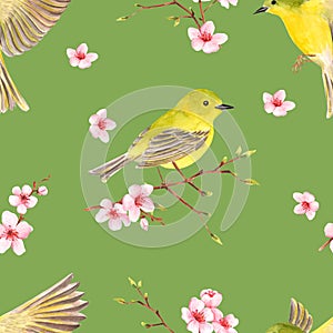 Romantic seamless texture with bird on flowering cherry branch.