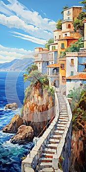 Romantic Seascape: Stunning Waterfall And Homes Along Amalfi Coast