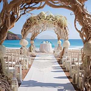 Romantic seaside garden wedding ceremony with nautical elements