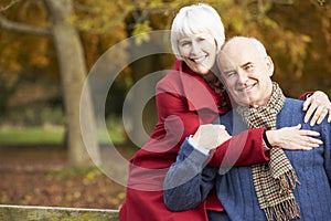 Romantic Senior Couple Sitting On Fence In Autumn Woodland