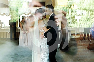 Romantic and sensual couple beautiful bride and groom dancing re