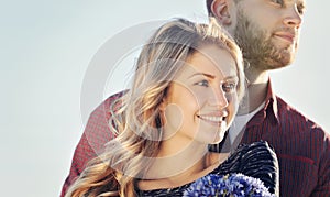 Romantic sensual young couple in love in summer field