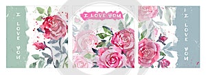 Romantic set of postcards with bouquets of red watercolor roses