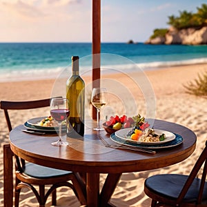 Romantic set table for two dinner at sunset on tropical beach
