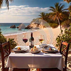 Romantic set table for two dinner at sunset on tropical beach
