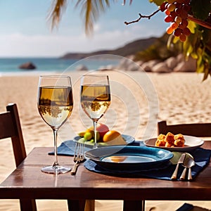 Romantic set table for two dinner at sunset on tropical beach