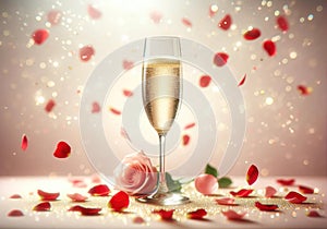 Elegant Champagne Glass with Rose Petals and Sparkles, AI Generated