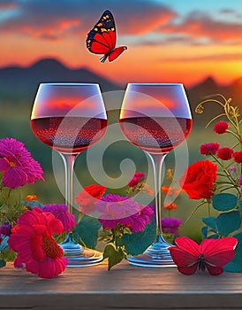 A romantic setting, two glasses of red wine in a flower garden, at sunset with butterflies, generated by AI.