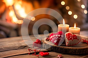 Romantic setup - candles and crochet hearts on a rustic wooden table. AI generated illustration.