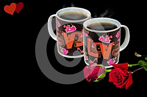 Romantic setup with steaming black coffee mugs and bright red roses