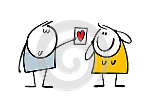 Romantic shy boy in love, stickman gives cartoon girl paper postcard with red heart. Vector illustration of Valentines