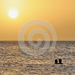 Romantic silhouette couple in ocean