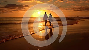 Romantic silhouette of a couple on the sand of a sunset beach with surf and sun