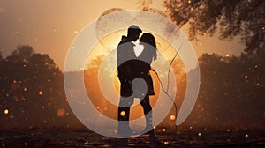 A romantic silhouette of a couple standing and kissing, summer sunset with a beautiful bokeh from raindrops.